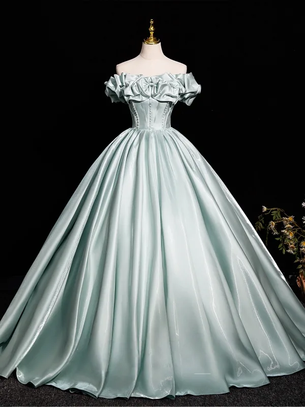 Elegant Mint Green Satin Prom Dresses 2025 Ball Gown Off-The-Shoulder Short Sleeve Backless Floor-Length / Long Prom Formal Dresses