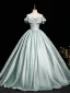 Elegant Mint Green Satin Prom Dresses 2025 Ball Gown Off-The-Shoulder Short Sleeve Backless Floor-Length / Long Prom Formal Dresses