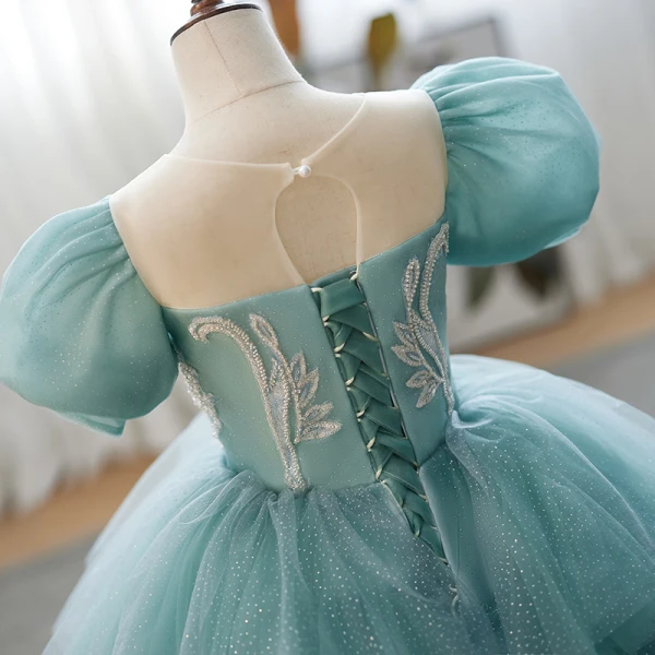 Chic / Belle Vert Citron Perlage Anniversaire Volants en Cascade Robe Ceremonie Fille 2023 Robe Boule Encolure Dégagée Gonflée Manches Courtes Longue Robe Ceremonie Fille
