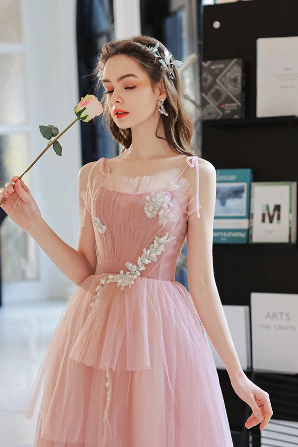 Chic / Beautiful Candy Pink Sequins Lace Flower Prom Dresses 2022 A-Line / Princess Spaghetti Straps Sleeveless Backless Floor-Length / Long Prom Formal Dresses