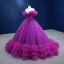 Chic / Beautiful Purple Ruffle Formal Dresses 2022 Ball Gown Off-The-Shoulder Puffy Short Sleeve Beading Backless Sweep Train Prom Dresses