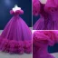 Chic / Beautiful Purple Ruffle Formal Dresses 2022 Ball Gown Off-The-Shoulder Puffy Short Sleeve Beading Backless Sweep Train Prom Dresses