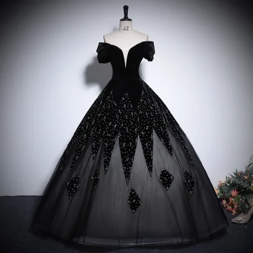 Vintage Originale Noire Faux Diamant Robe De Bal 2024 Robe Boule De L Épaule Manches Courtes Dos Nu Longue Promo Robe De Ceremonie
