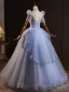 Elegant Sky Blue Beading Pearl Sequins Prom Dresses 2024 Ball Gown Scoop Neck Short Sleeve Backless Floor-Length / Long Prom Formal Dresses