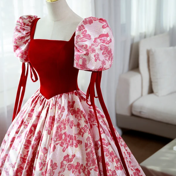 Elegant Red Printing Prom Dresses 2022 Square Neckline Puffy Short Sleeve Backless Floor-Length / Long Prom Formal Dresses
