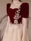 Chic / Beautiful Burgundy Rhinestone Lace Flower Velvet Prom Dresses 2024 A-Line / Princess Square Neckline Short Sleeve Backless Floor-Length / Long Prom Formal Dresses