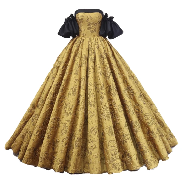 Vintage Schwarz Gold Drucken Ballkleider 2023 Ballkleid Satin Off Shoulder Geschwollenes Kurze Ärmel Rückenfreies Sweep / Pinsel Zug Ball Festliche Kleider