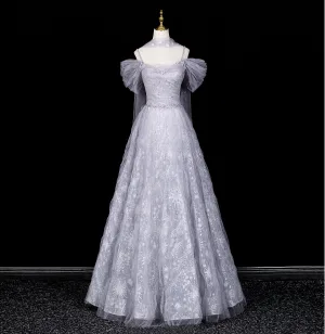 Bling Bling Grey Beading Rhinestone Sequins Prom Dresses 2026 A Line Princess Spaghetti Straps Short Sleeve Backless Floor Length Long Formal Dresses