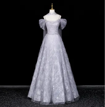 Bling Bling Grey Beading Rhinestone Sequins Prom Dresses 2026 A Line Princess Spaghetti Straps Short Sleeve Backless Floor Length Long Formal Dresses