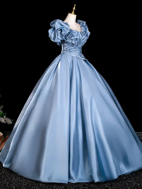 Elegant Sky Blue Beading Sequins Ruffle Prom Dresses 2026 Ball Gown Scoop Neck Short Sleeve Backless Floor-Length / Long Formal Dresses