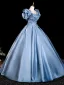 Elegant Sky Blue Beading Sequins Ruffle Prom Dresses 2026 Ball Gown Scoop Neck Short Sleeve Backless Floor-Length / Long Formal Dresses