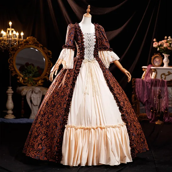 Medieval Vintage / Retro Brown Printing Prom Dresses 2025 Ball Gown Square Neckline Bell sleeves Backless Floor-Length / Long Prom Formal Dresses
