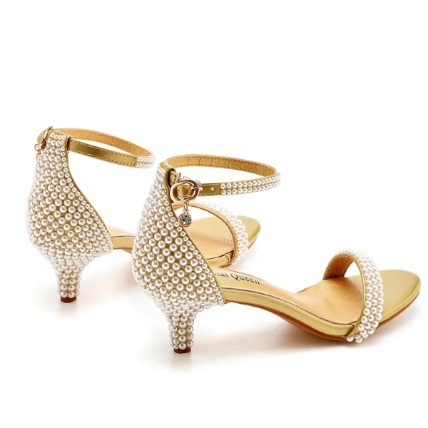 Charmant Blanche Perle Chaussure De Mariée 2023 Bride Cheville 5 cm Talons Aiguilles Peep Toes / Bout Ouvert Mariage Sandales Talons Hauts