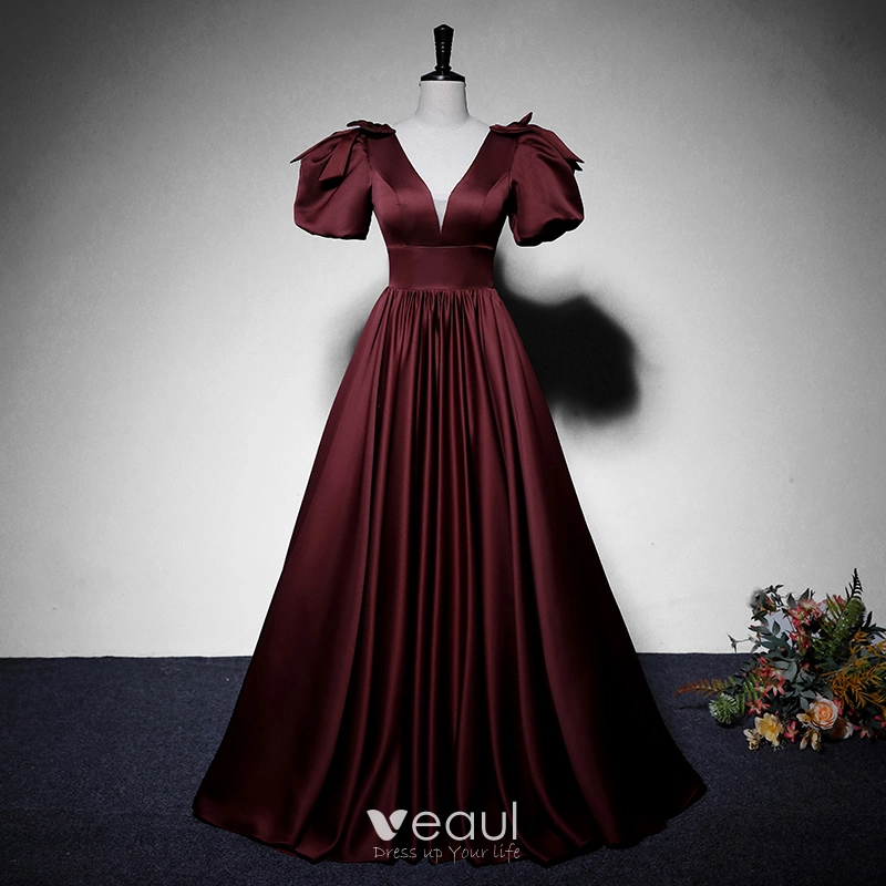 Puffy Sleeve Backless Satin Purple Backless Prom Dress