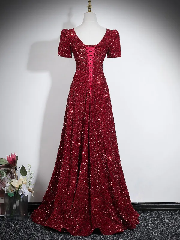 Éclatant Bordeaux Paillettes Robe De Soirée 2026 Princesse V-Cou Manches Courtes Dos Nu Longue