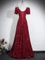 Éclatant Bordeaux Paillettes Robe De Soirée 2026 Princesse V-Cou Manches Courtes Dos Nu Longue