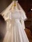 Medieval Vintage / Retro Ivory Satin Lace Wedding Dresses 2024 A-Line / Princess High Neck Puffy Short Sleeve Backless Floor-Length / Long Wedding