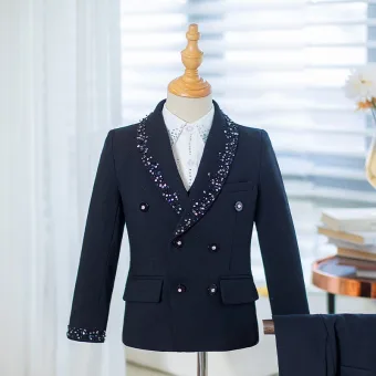 Navy Blue Sequins 4 Piece Long Sleeve Boys Wedding Suits 2025 Coat Pants Shirt Vest Wedding
