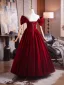 Vintage / Retro Burgundy Velvet Prom Dresses 2025 A-Line / Princess Off-The-Shoulder Short Sleeve Backless Floor-Length / Long Prom Formal Dresses
