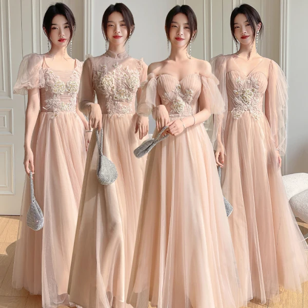 Chic / Beautiful Champagne Beading Bridesmaid Dresses 2022 A-Line / Princess Short Sleeve Backless Floor-Length / Long Bridesmaid