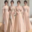 Chic / Beautiful Champagne Beading Bridesmaid Dresses 2022 A-Line / Princess Short Sleeve Backless Floor-Length / Long Bridesmaid