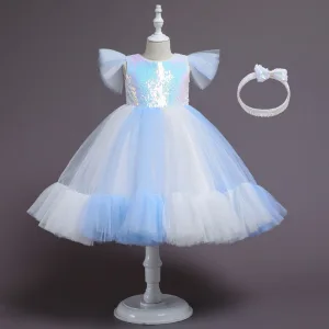 Charmant Bleu Ciel Paillettes Anniversaire Robe Ceremonie Fille 2023 Robe Boule Encolure Dégagée Manches Courtes Noeud Longue Robe Ceremonie Fille