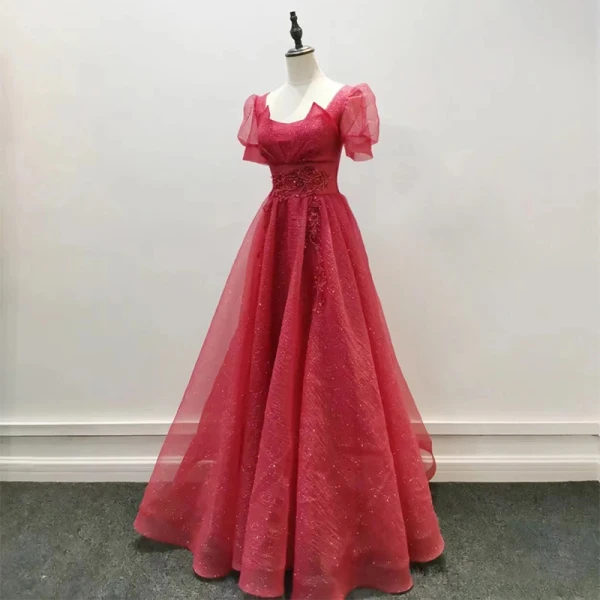 Elegant Sky Blue Beading Lace Flower Prom Dresses 2023 A-Line / Princess Square Neckline Short Sleeve Backless Floor-Length / Long Prom Formal Dresses