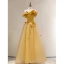 Fashion Yellow Appliques Prom Dresses 2023 A-Line / Princess Strapless Sleeveless Backless Floor-Length / Long Prom Formal Dresses