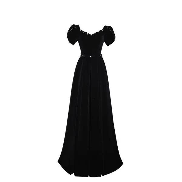 Elegant Black Velvet Prom Dresses 2023 A-Line / Princess Pearl Square Neckline Short Sleeve Backless Floor-Length / Long Prom Formal Dresses