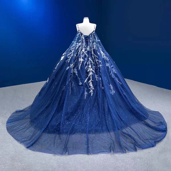 Haut de Gamme Bleu Marine Fait main Perlage Paillettes Appliques Robe De Bal 2023 Robe Boule Bretelles Spaghetti Sans Manches Dos Nu Longue Promo Robe De Ceremonie