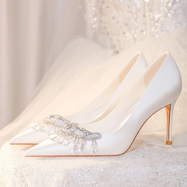 Chic / Beautiful Ivory Satin Rhinestone Wedding Shoes 2023 Leather 8 cm Stiletto Heels Pointed Toe Wedding Pumps High Heels