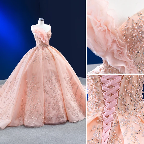 Luxury / Gorgeous Blushing Pink Beading Pearl Sequins Wedding Dresses 2023 Ball Gown Ruffle Spaghetti Straps Sleeveless Backless Royal Train Wedding