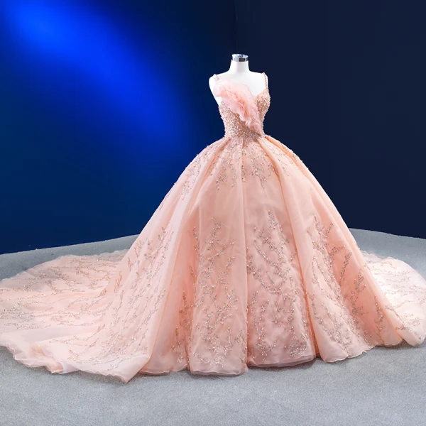 Luxury / Gorgeous Blushing Pink Beading Pearl Sequins Wedding Dresses 2023 Ball Gown Ruffle Spaghetti Straps Sleeveless Backless Royal Train Wedding