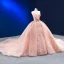 Luxury / Gorgeous Blushing Pink Beading Pearl Sequins Wedding Dresses 2023 Ball Gown Ruffle Spaghetti Straps Sleeveless Backless Royal Train Wedding