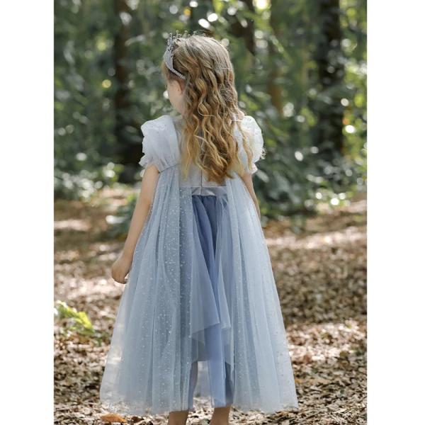 Chic / Beautiful Sky Blue Sequins Birthday Flower Girl Dresses 2023 A-Line / Princess High Neck Floor-Length / Long Tulle Flower Girl Dresses