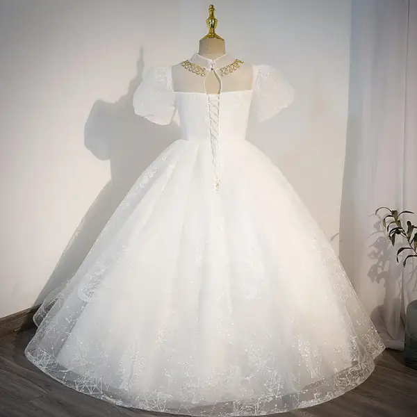 Charming White Rhinestone Sequins Pearl Birthday Flower Girl Dresses 2022 Ball Gown Scoop Neck Puffy Short Sleeve Floor-Length / Long Flower Girl Dresses