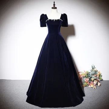 Elegante Donkerblauwe Suede Galajurken 2023 A Lijn Vierkante Halslijn Rhinestone Korte Mouwen Ruglooze Strik Lange Gala Gelegenheid Jurken