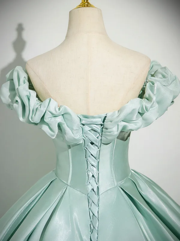 Elegant Mint Green Satin Prom Dresses Ball Gown 2025 Off-The-Shoulder Short Sleeve Backless Floor-Length / Long Formal Dresses