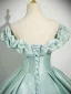 Elegant Mint Green Satin Prom Dresses Ball Gown 2025 Off-The-Shoulder Short Sleeve Backless Floor-Length / Long Formal Dresses