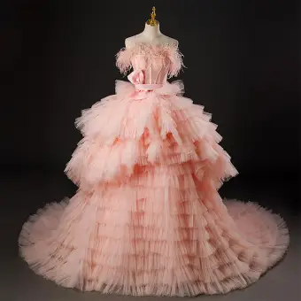 Charmant Rose Bonbon Volants En Cascade Percé Robe De Bal 2022 Robe Boule Bretelles Spaghetti Gland Sans Manches Dos Nu Noeud Ceinture Tribunal Train Promo Robe De Ceremonie