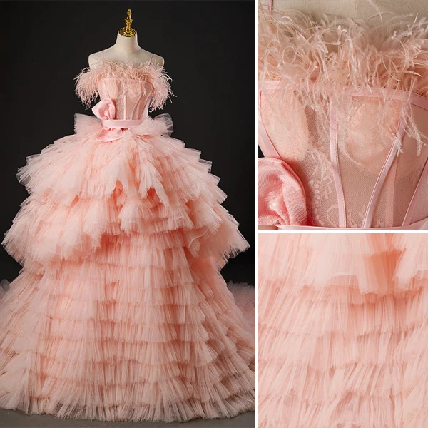 Charmant Pink Fallende Rüsche Durchbohrt Ballkleider 2022 Ballkleid Spaghettiträger Quaste Ärmellos Rückenfreies Schleife Stoffgürtel Hof-Schleppe Ball Festliche Kleider