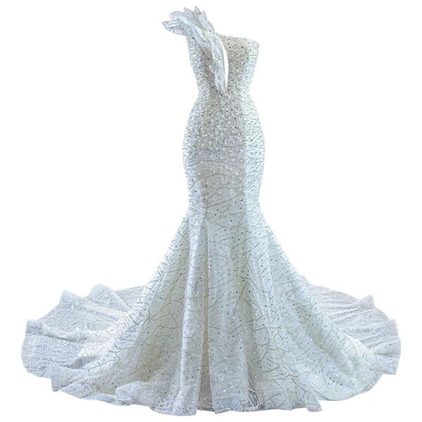 Luxe Blanche Fait main Perlage Perle Paillettes Robe De Mariée 2022 Trompette / Sirène Une épaule Sans Manches Dos Nu Tribunal Train Mariage