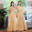 Modest / Simple Champagne Lace Flower Bridesmaid Dresses 2023 A-Line / Princess Short Sleeve Backless Floor-Length / Long Bridesmaid Dresses