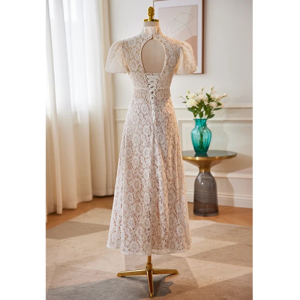 Chinese style White Lace Flower Prom Dresses 2023 A-Line / Princess High Neck Pearl Bow Short Sleeve Backless Tea-length Prom Formal Dresses