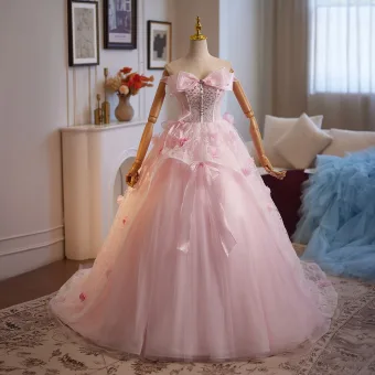 Charmant Rougissant Rose Faux Diamant En Dentelle Fleur Appliques Robe De Bal 2025 Robe Boule Bustier Noeud Sans Manches Dos Nu Longue Robe De Ceremonie