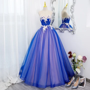 Elegante Koninklijk Blauw Appliques Kant Bloem Galajurken Baljurk 2022 Ronde Hals Mouwloos Ruglooze Lange Gala Gelegenheid Jurken