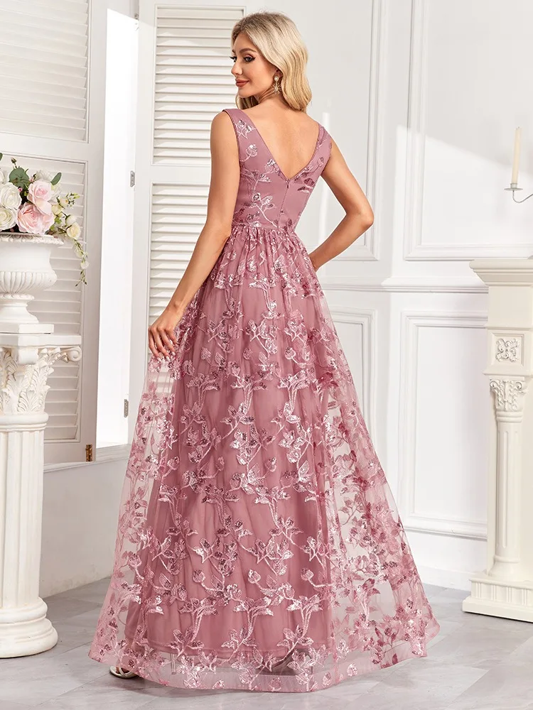 Chic Beautiful Lace Flower Dusky Pink Prom Dresses 2024 A-Line Princess V-Neck Backless