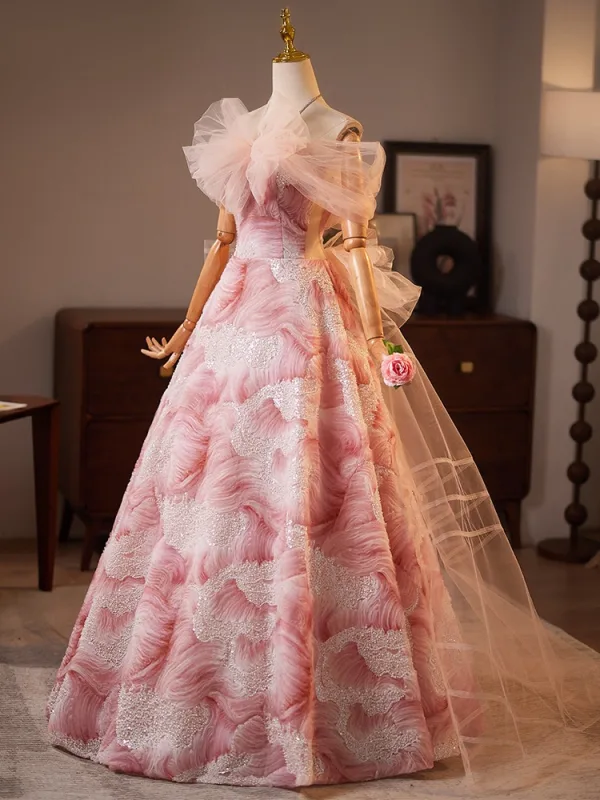 Fashion Blushing Pink Bow Printing Prom Dresses 2025 Ball Gown Off-The-Shoulder Short Sleeve Backless Floor-Length / Long Prom Formal Dresses