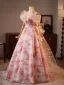 Fashion Blushing Pink Bow Printing Prom Dresses 2025 Ball Gown Off-The-Shoulder Short Sleeve Backless Floor-Length / Long Prom Formal Dresses