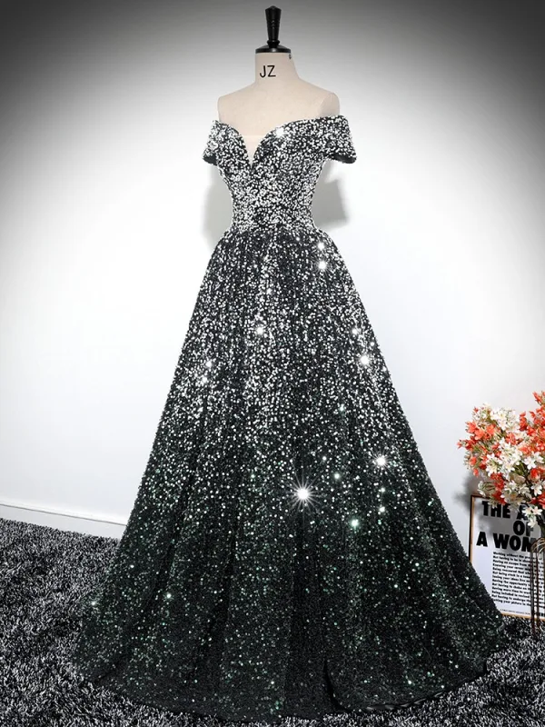 Scintillantes Noire Paillettes Robe De Bal 2024 Robe Boule De l'épaule Manches Courtes Dos Nu Longue Promo Robe De Ceremonie